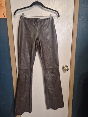 Caché Women Chocolate Brown Soft Lamb Leather Boot Cut Pants Side Zip